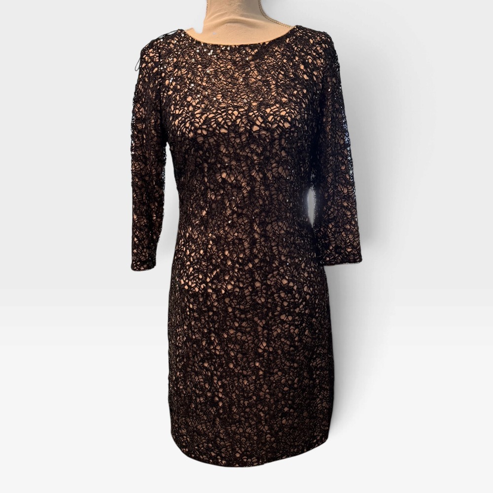Aidan Mattox Black Lace Sheath Dress Size 12 Nude Lining V-Back Cocktail Shimmer